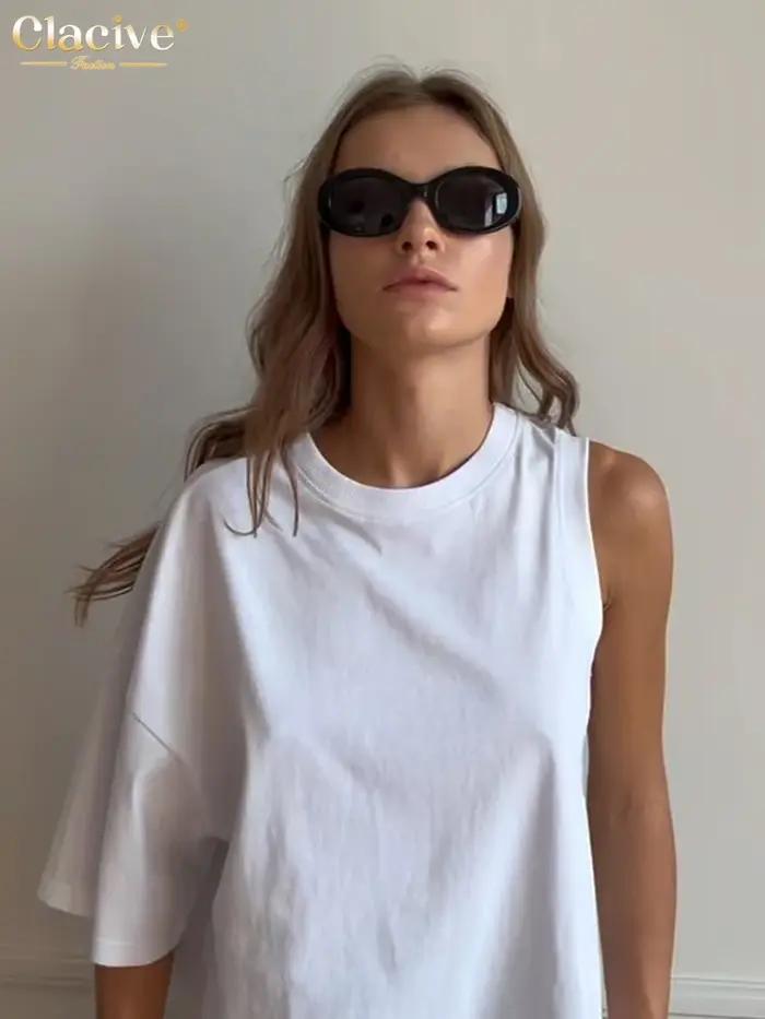 T-shirt manches courtes col rond femme, élégant, Chic, asymétrique, blanc, ample, à la mode, été, 20