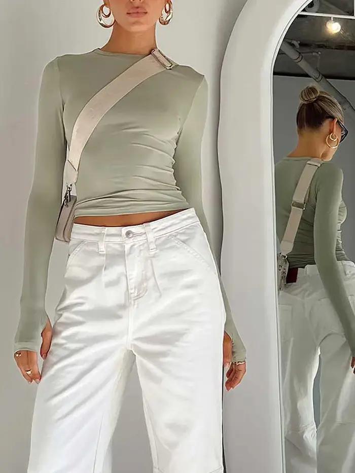 T-shirt à manches longues et col rond pour femme, haut court, coupe couvertes, trous pour les pouces