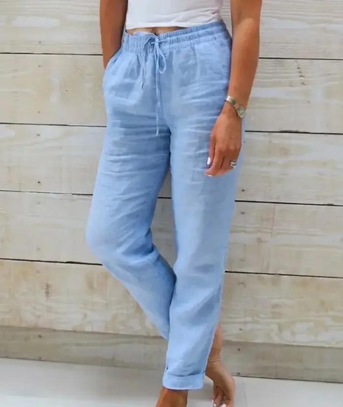 Pantalon d'été en coton et lin pour femme, taille haute élastique, décontracté, streetwear, couleur
