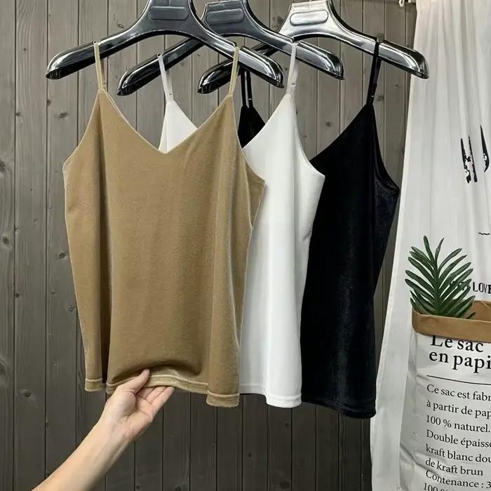 Femmes solide velours Camis gilet femmes débardeurs femme 2026 été Sexy sangle hauts basiques mince