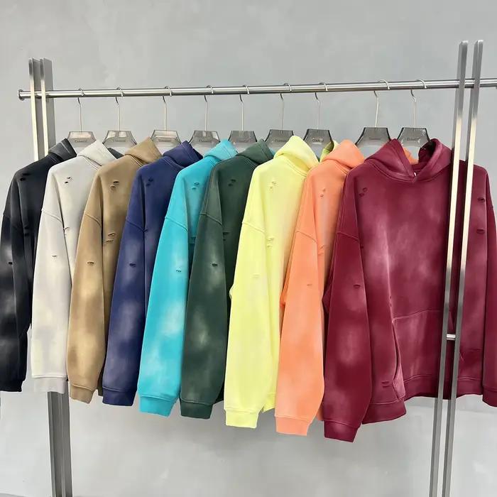 Sweat à capuche surdimensionné pour hommes, Streetwear Vintage, lavage à l'acide, déchiré, polaire lourde, pull épais, vêtements d'hiver
