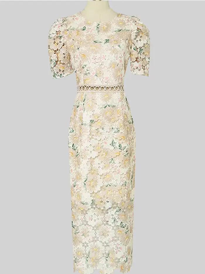 Robe fourreau en dentelle vintage pour femme, broderie florale, col rond, manches bouffantes, taille