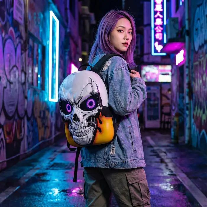 Sac à dos de moto à coque rigide avec crâne LED 3D