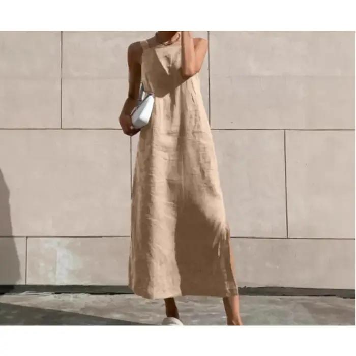 Robe gilet française en coton et lin pour femmes, tenue longue décontractée à bretelles fendues, vêtements de vacances, été, 2026
