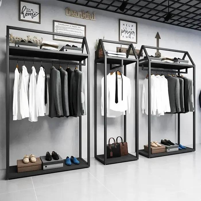Étagère de présentation pour magasin de vêtements pour hommes, noire, double niveau, sur pied, pour magasins de vêtements masculins