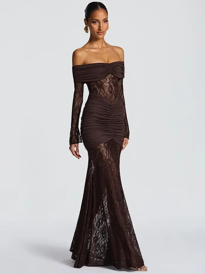 Mozision épaules dénudées à manches longues Sexy robe Maxi femmes mode dentelle voir à travers brete