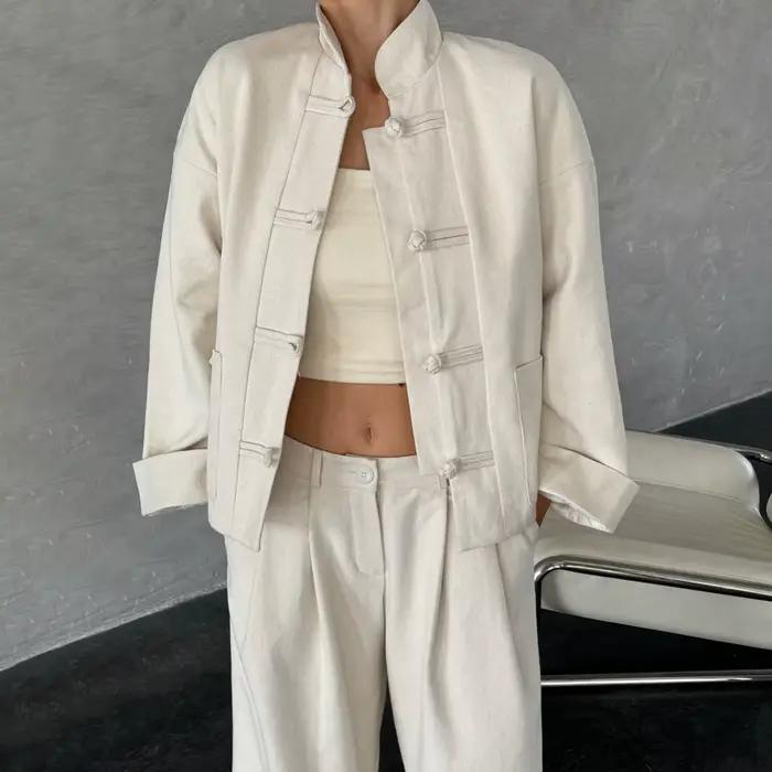 VTKW 2026 Nouvel ensemble veste et pantalon pour femme style chinois, col mandarin, boutons grenouil