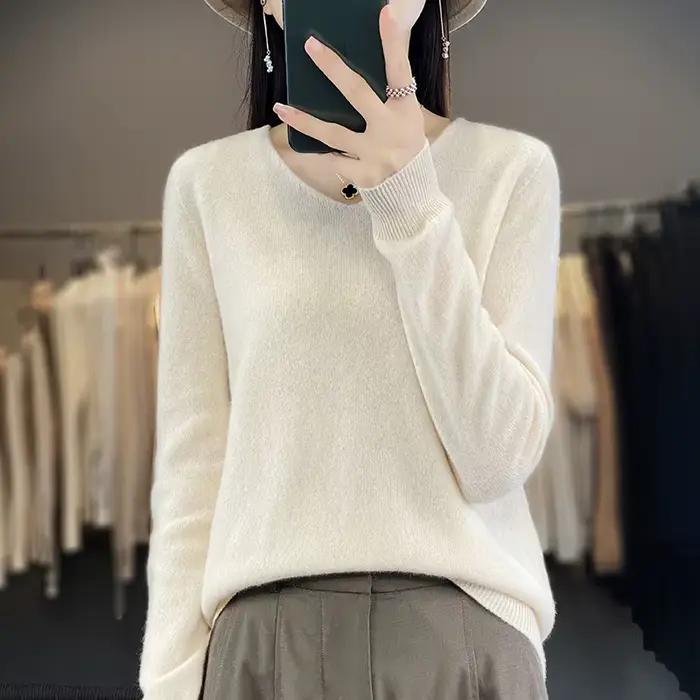 Pull en cachemire à col en V pour femme, 100% laine mérinos, pull basique, manches longues, tricots