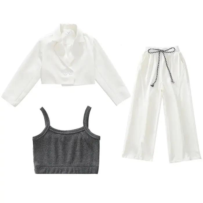 Ensemble de vêtements blancs pour adolescentes, top court, veste blazer et pantalon, 3 pièces, style formel et décontracté, occasions spéciales et tous les jours
