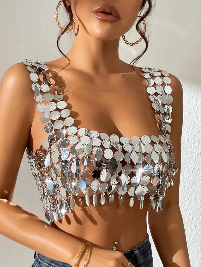 Haut court sexy transparent Y2K à sequins métalliques pour femme, collection été 2026, idéal pour la