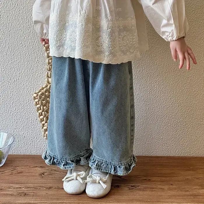 Jean à jambes larges en dentelle pour filles, pantalon décontracté et doux, mode printemps automne 2024, longueur cheville, coupe ample et élastique