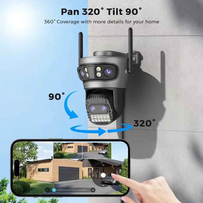 Caméra sécurité extérieure 20MP triple objectif 5G WiFi - PTZ 10x zoom IA détection humaine tracking auto