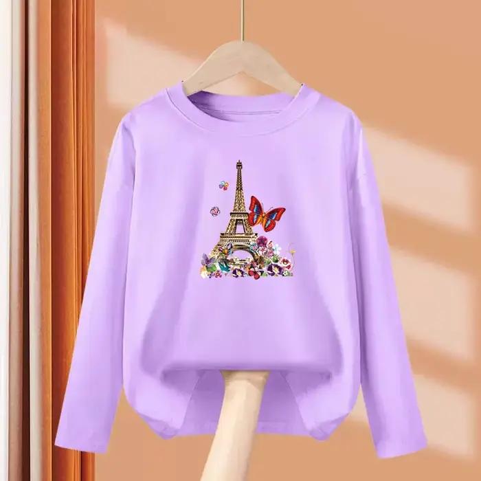 Filles nouveaux vêtements d'automne Paris tour Eiffel T-shirt à manches longues couverture en coton petite fille papillon t-shirts de fête