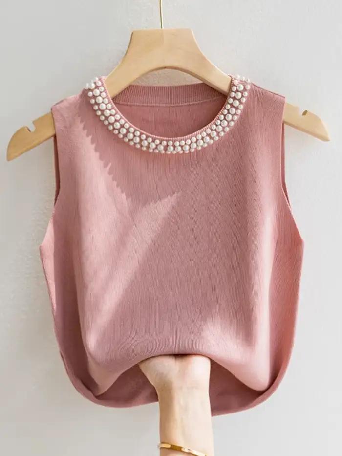 Corée tricoté gilets femmes haut solide réservoir Blusas Mujer De Moda été nouvelle mode femme sans manches perles décon