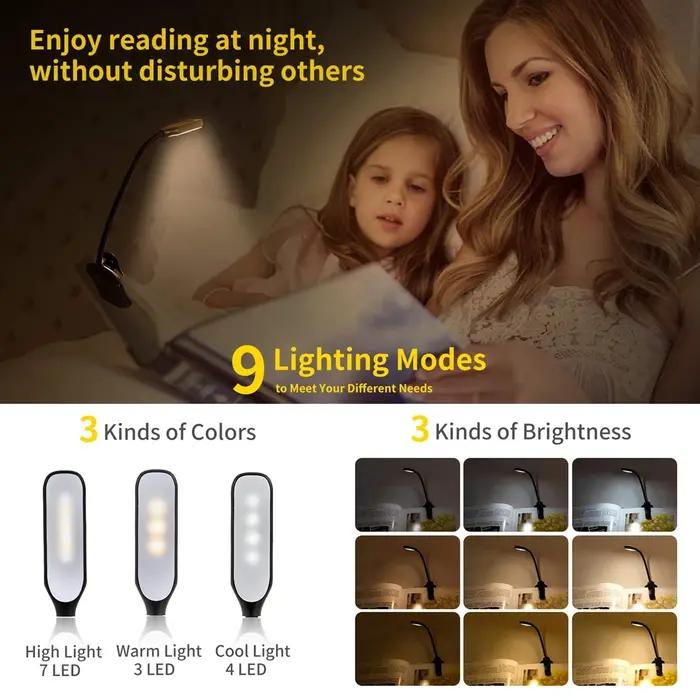 7 LED livre lumière USB Rechargeable lampe de lecture 3 niveaux chaud blanc froid lumière du jour Po