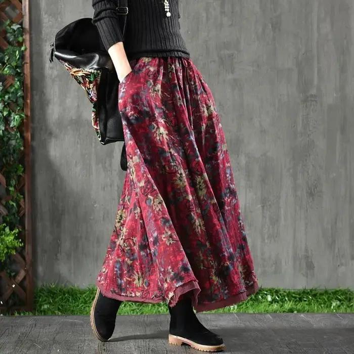 A-ligne plissée Vintage jupes pour femmes automne jupe longue florale poches élégant ample taille haute hiver Maxi