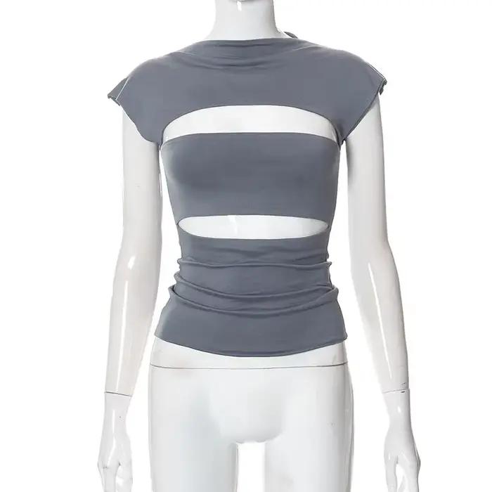 Sexy Wrap poitrine évider col roulé mince t-shirt femmes manches courtes chemise à bascule dames