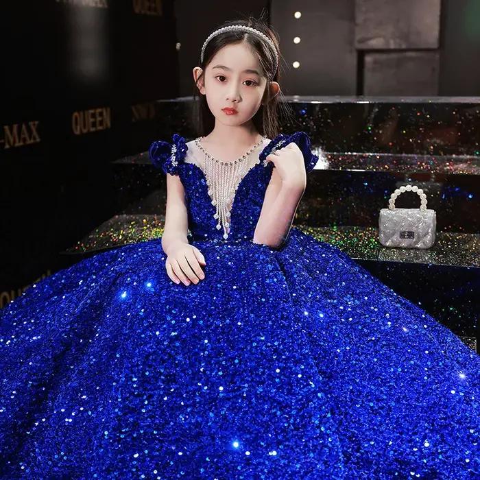 Robe de princesse longue à paillettes pour fille, tenue de bal élégante, cadeau d'anniversaire, mariage, 1-14 ans, modèle européen et américain, sans manches, polyester, ajustement parfait, silhouette fine, décoration pailletée