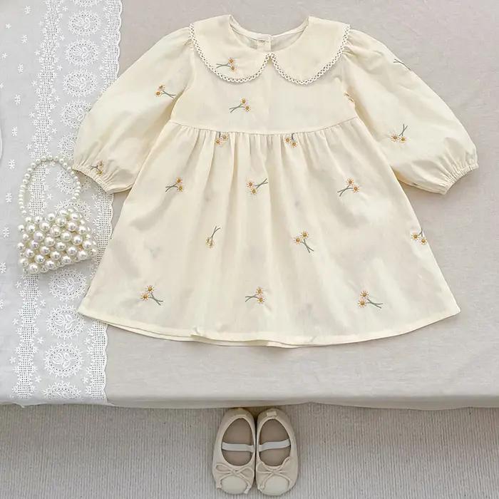 Vêtements de printemps pastorale pour petites filles, robe d'automne en coton brodé à fleurs, robe d