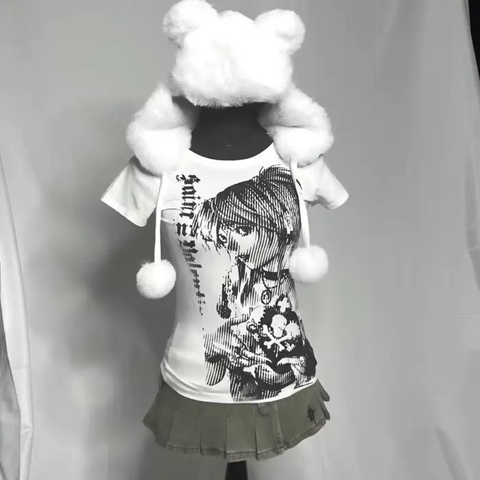 Y2k anime Streetwear col rond 90s texte impression hauts femmes Harajuku vêtements Simple Vintage T-