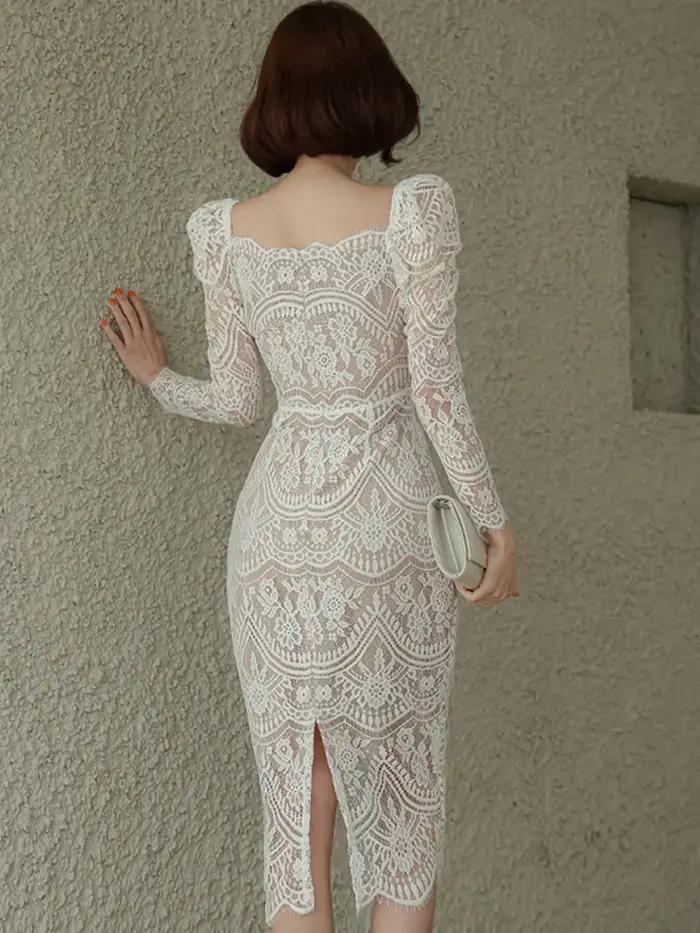 Robe élégante en dentelle à col carré pour femmes, manches longues, gaine taille haute, robes de bur
