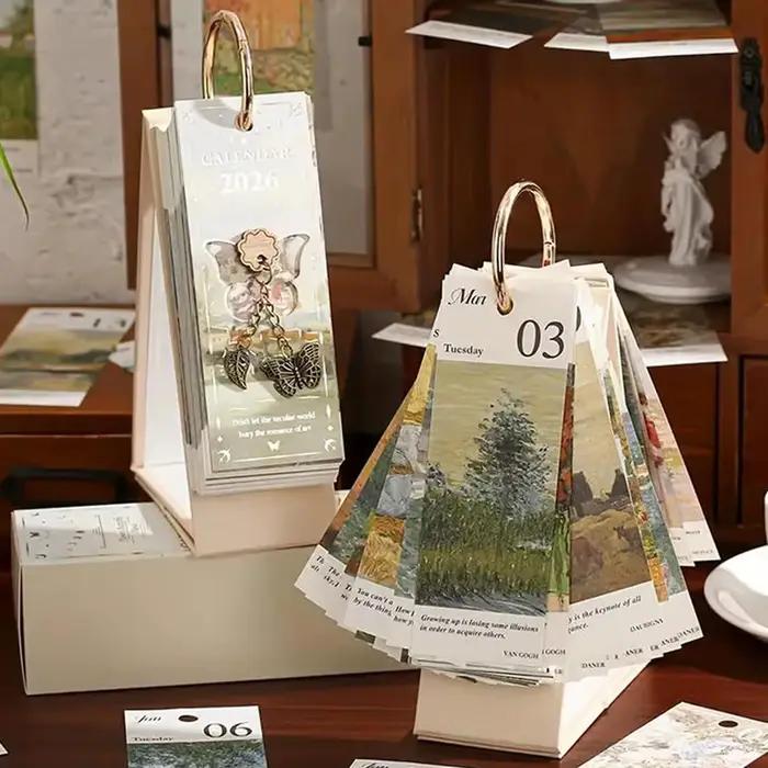 Calendrier de peinture à l'huile de Style européen rétro 2026, Mini calendrier de bureau, fournitures de bureau, cadeau élégant pour petite amie