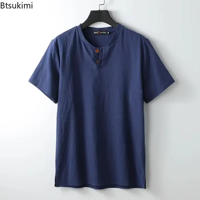 T-shirts en coton et lin à manches courtes pour hommes