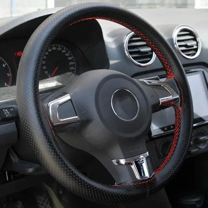 Housse de volant de voiture en cuir microfibre, douce, cousue à la main, avec aiguilles et fil, diam