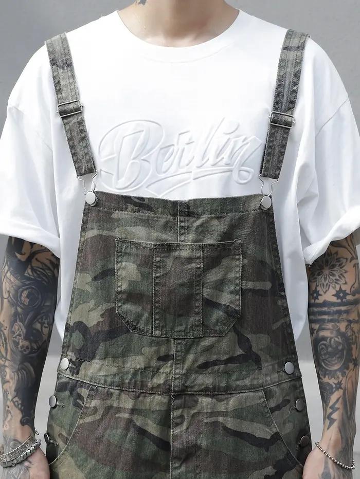 Salopette en jean imprimé camouflage multi-poches pour hommes – Coton, non élastique, lavable en mac
