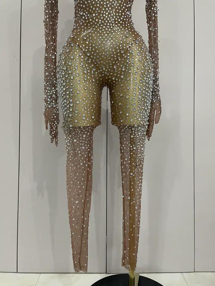 Combinaison de luxe en maille transparente pour femmes, strass scintillants, Sexy, moulante, robe d'