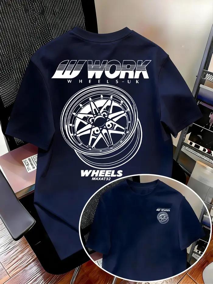 T-shirt pour homme avec imprimé motif roue de travail, T-shirt à manches courtes, décontracté, culture automobile JDM, style été, vêtements pour homme