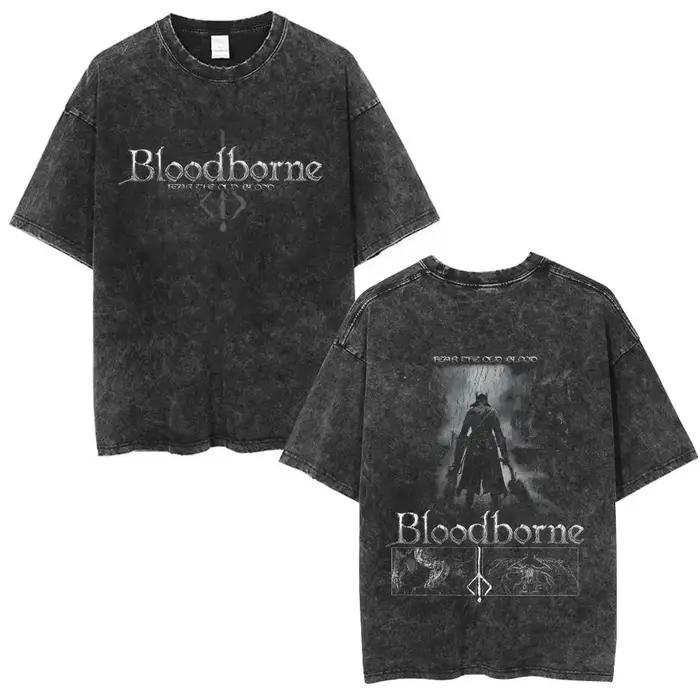 T-shirt délavé vintage avec logo Bloodborne imprimé, merch Hunter d'horreur, T-shirts décontractés o