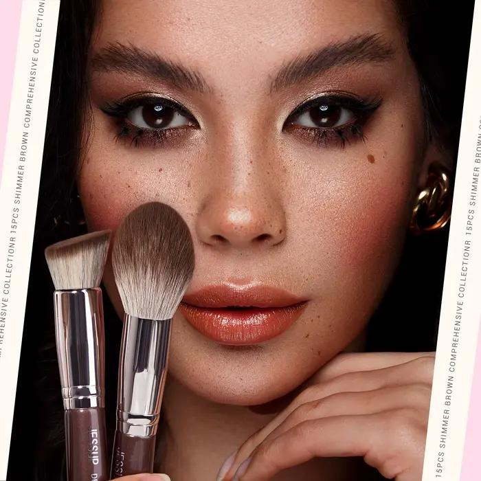 Jessup Ensemble de pinceaux de maquillage 15 pièces Pinceaux de maquillage marron Fond de teint végé