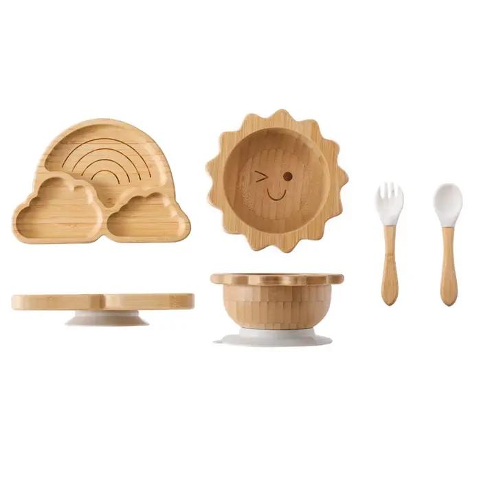 Filles d'Alimentation en Bois de Bambou avec Ventouse en Silicone pour Bébé