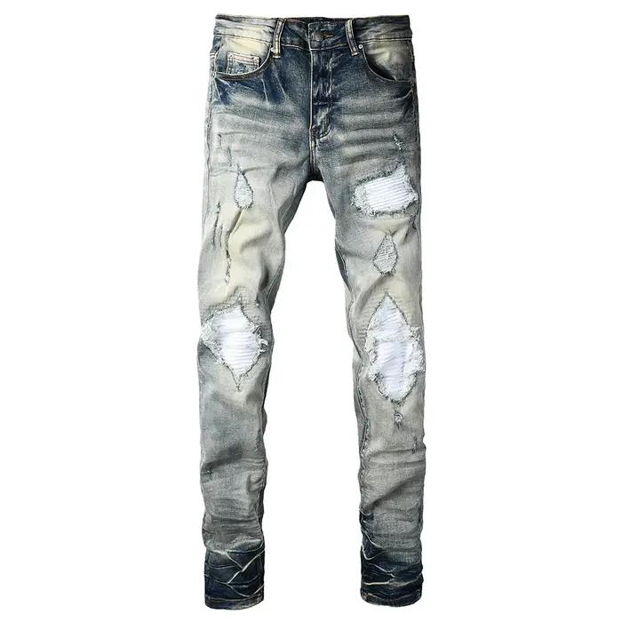 Jean de motard bleu clair pâle pour hommes