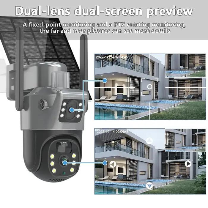 Caméra solaire PTZ 4K 8MP double écran extérieure WiFi détection humaine PIR surveillance sécurité