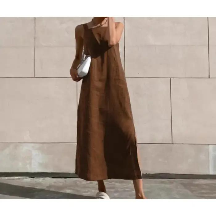 Robe gilet française en coton et lin pour femmes, tenue longue décontractée à bretelles fendues, vêtements de vacances, été, 2026