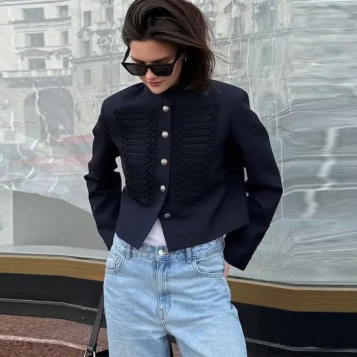 Veste Vintage Femme Col Montant Simple Boutonnage Manches Longues Style Napoléon Manteau Chic Haut de Gamme Soirée Tenda