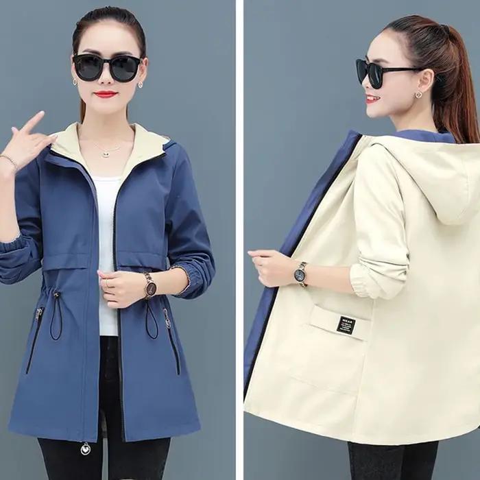 Trench-Coat Double Face Femme Coupe-Vent Mi-Long à Capuche Haute Qualité Printemps Automne Occasions Spéciales