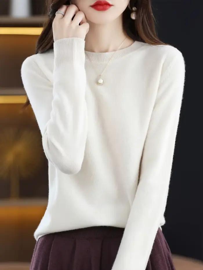 Mode 100% laine mérinos pull élégant cachemire pull femmes col rond à manches longues tricots vêteme