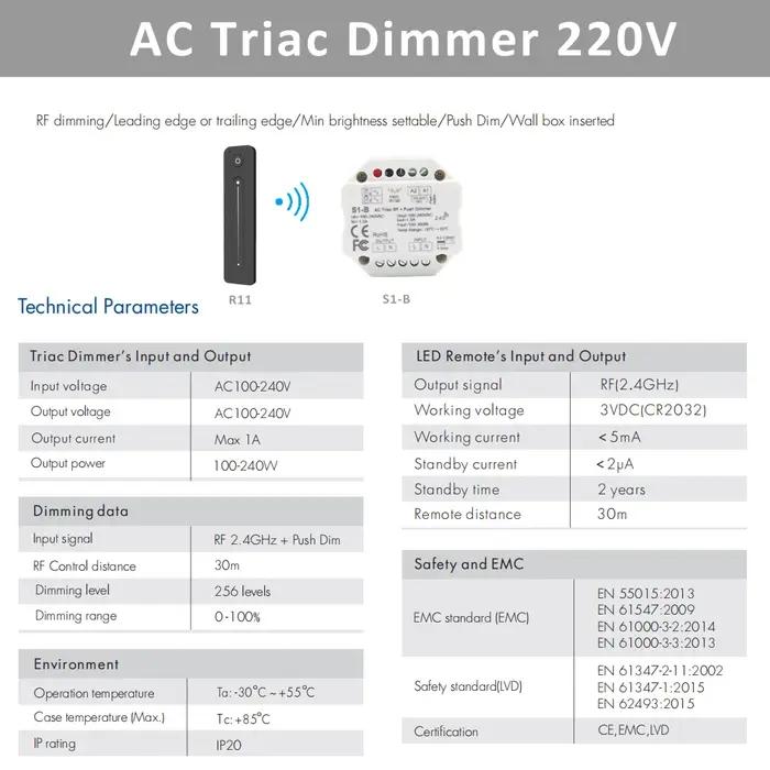 Variateur LED 220V 230V, télécommande sans fil AC Triac RF, interrupteur Push Dimmer 2.4G, variateur