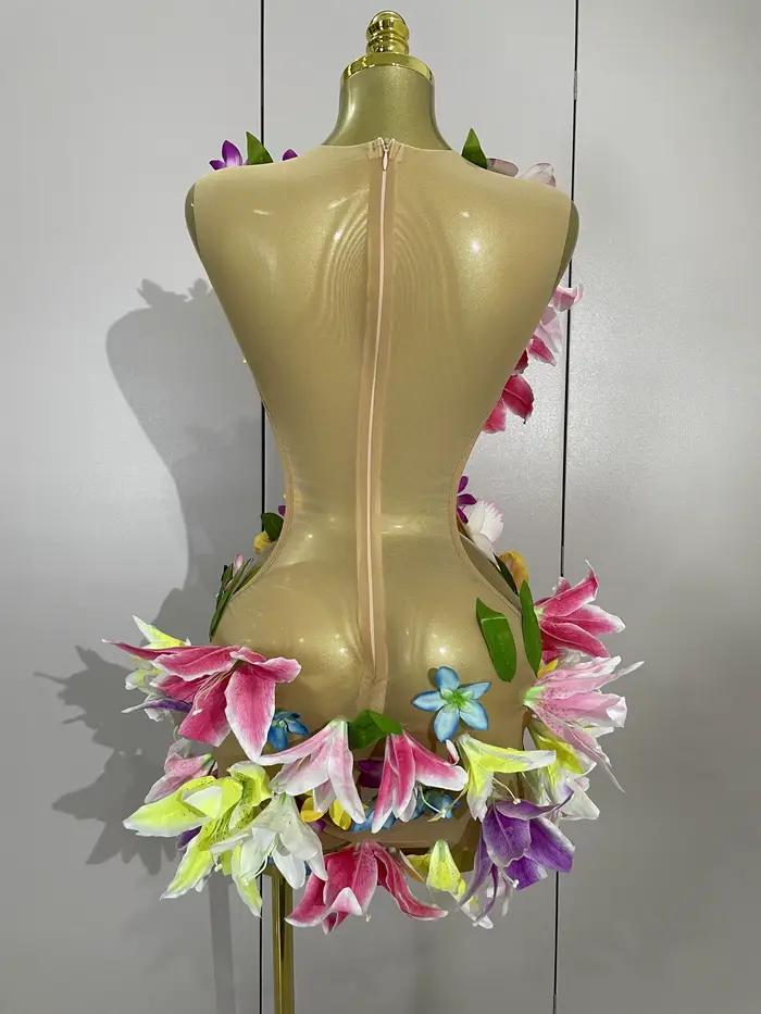 Femmes soirée robes de fête d'anniversaire fleurs colorées sans manches Sexy maille voir à travers M