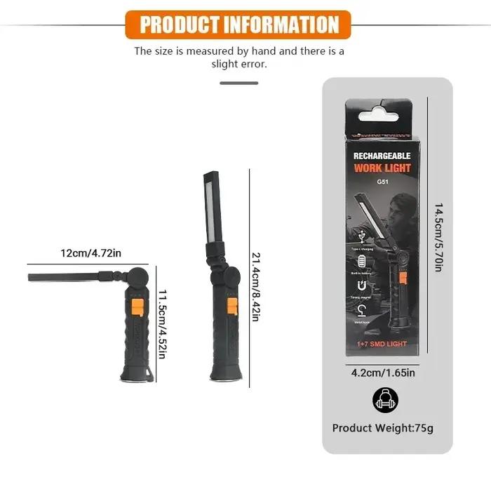 Lampe de Travail Portable COB LED, Rechargeable par USB, Lanterne Magnétique avec Batterie spatirée,