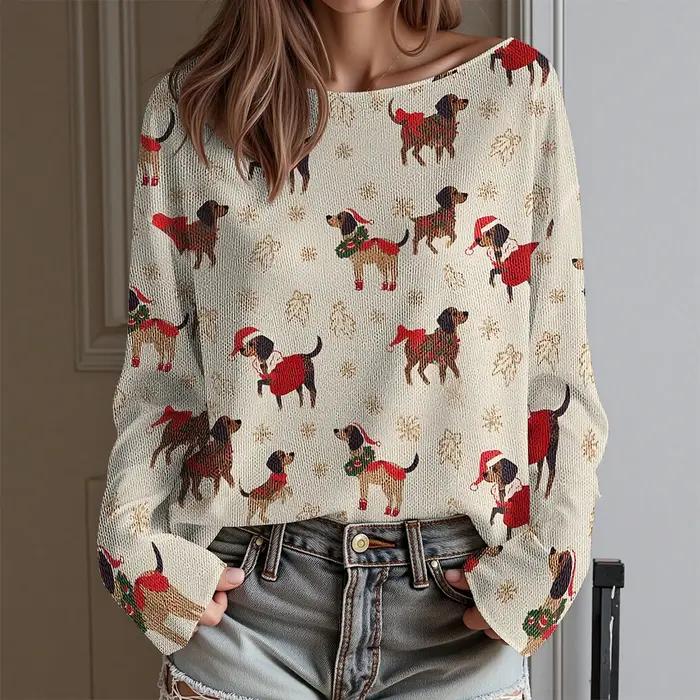 Teckel moche fête de noël T-Shirt femme Sexy épaules dénudées à manches longues haut drôle