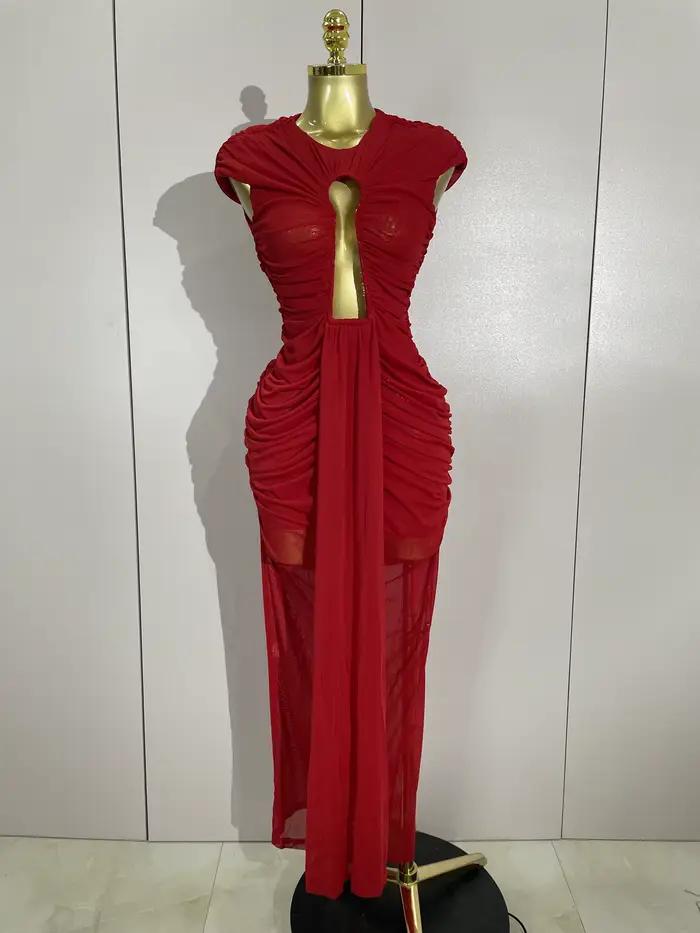 Femmes Sexy sans manches col rond évider maille moulante longue robe défilé de mode célébrer célébrité soirée