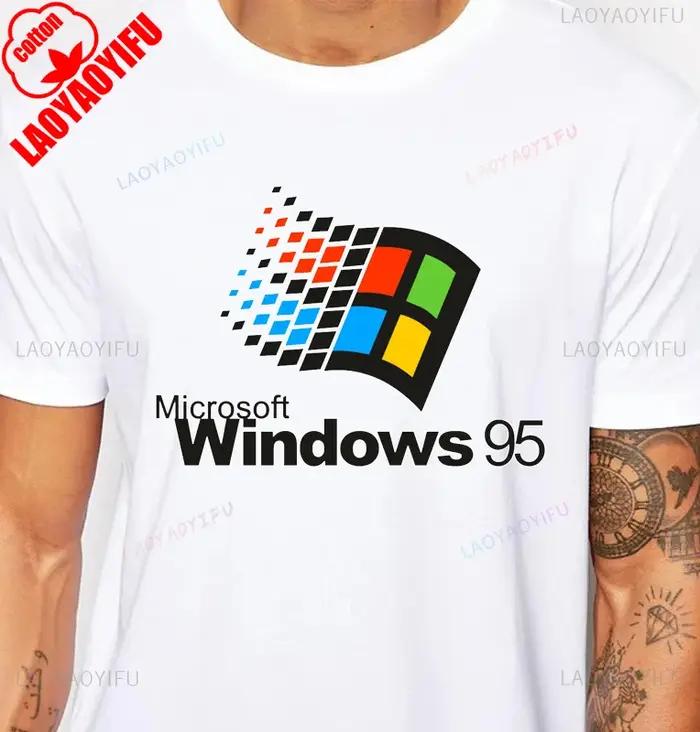 T-shirt homme coton windows 95 graphique humour informatique vintage années 90 programmeur blague meme style décontracté col rond drap fin tricoté court