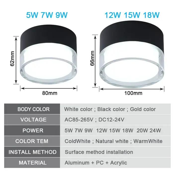 LED Downlight monté en Surface plafonnier nordique 9W 12W 15W 18W spot à intensité variable circulai