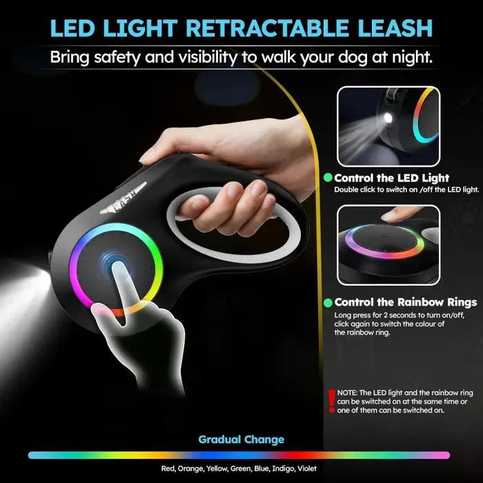 Laisse rétractable avec lampe de poche LED pour chiens de petite, moyenne et grande race
