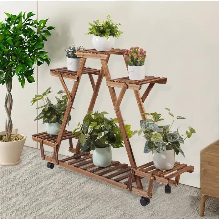 Étagère triangulaire pour plantes, 6 pots en bois carbonisé, support pour pots de fleurs, présentoir