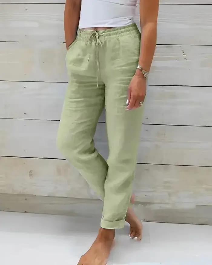 Pantalon d'été en coton et polyester pour femme, taille haute élastique, coupe crayon ample, style décontracté et élégant pour bureau et occasions spéciales
